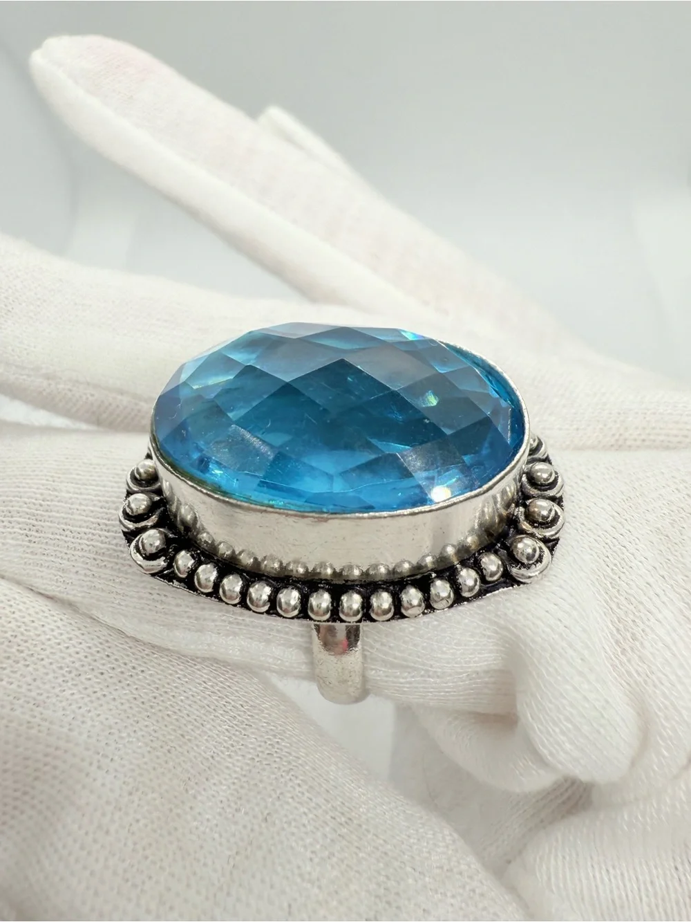 Blue Oval Topaz Crystal Statement Ring